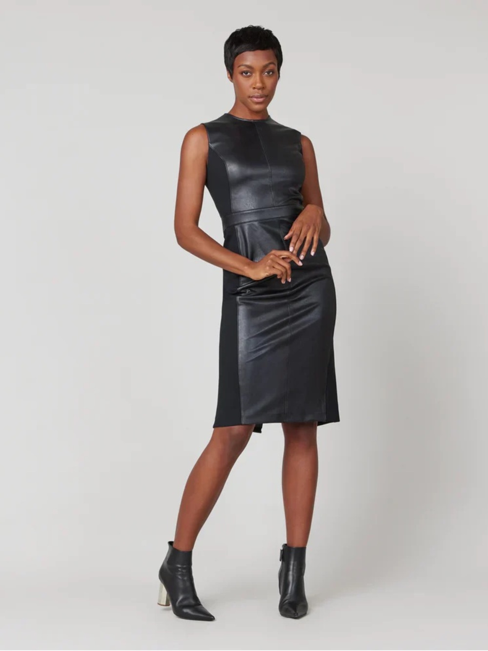 SPANX Faux Leather Combo Midi Dress Black M NWT Sculpting Zip Front sleeveless